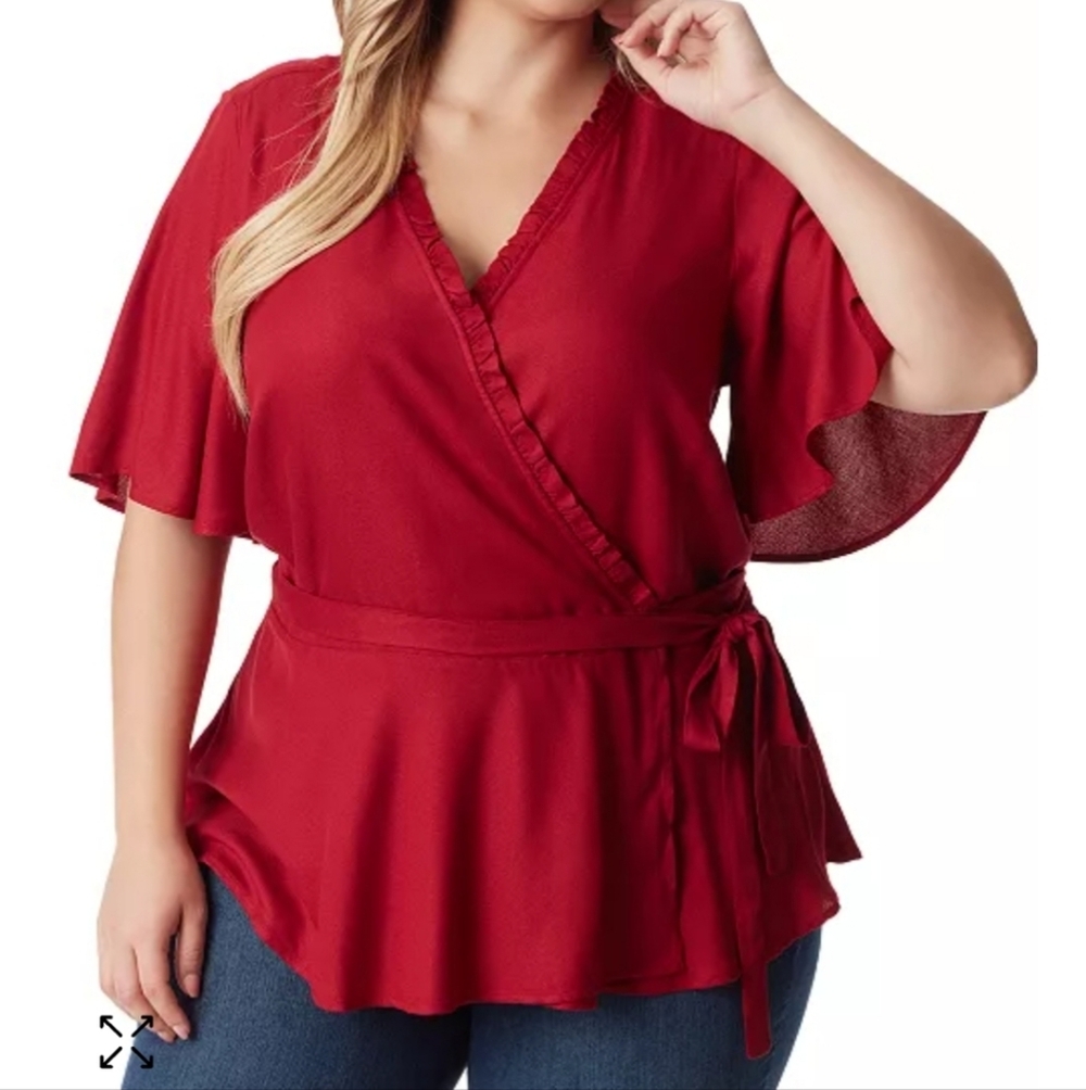NWT Jessica Simpson Red Misha True Wrap Top Flutter Sleeves Size 2X Viscose